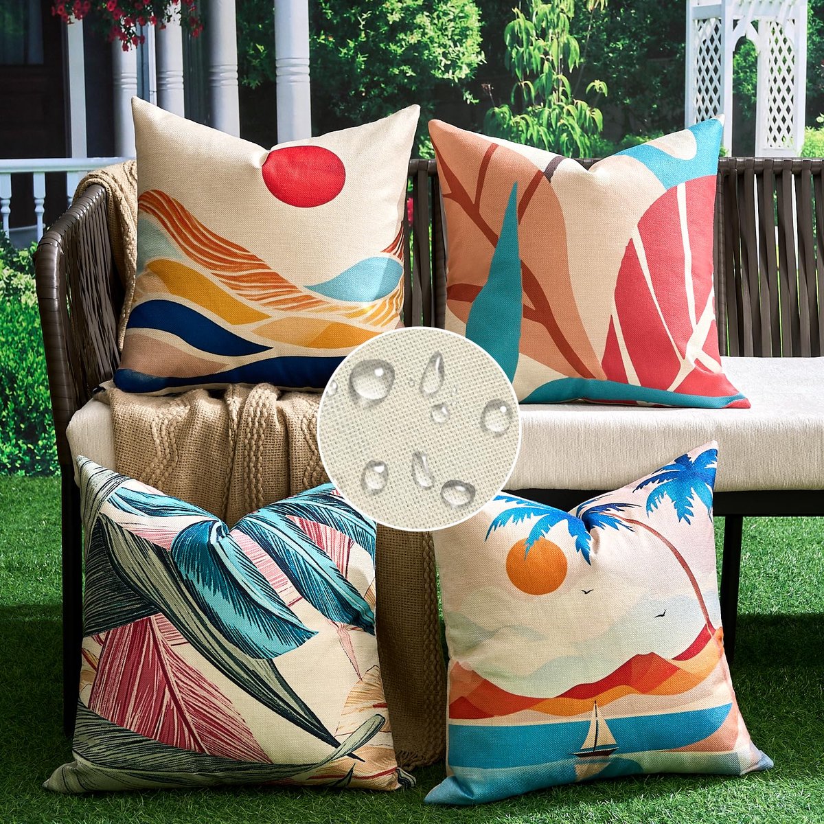 Ibenzoa Waterdichte decoratieve kussenhoezen met boho palmbladeren voor binnen en buiten, 40 x 40 cm, set van 2 kleurijk
