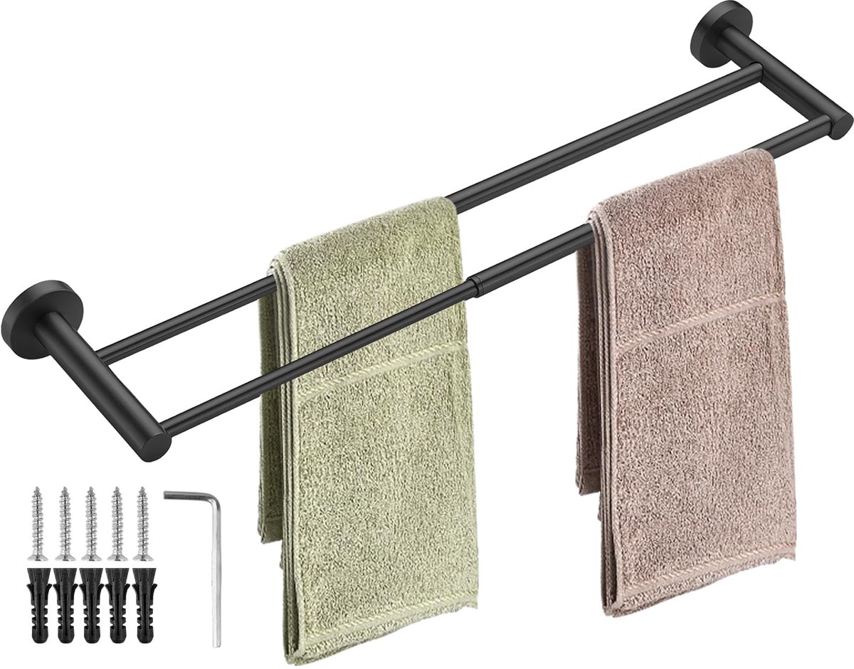 Ibenzoa® Verstelbare handdoekhouder met dubbele stangen van 43-72 cm zwart roestvrij staal voor badkamer en keuken