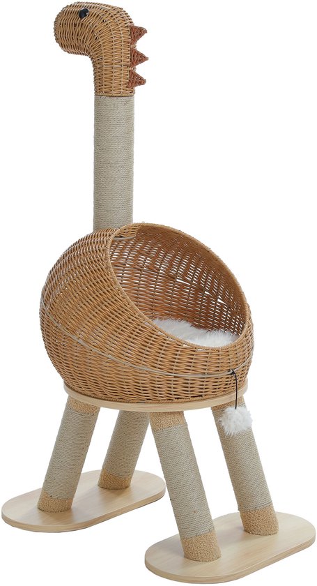 Arbre à chat dinosaure debout avec panier tressé et poteaux à griffer en sisal, sur fond blanc.