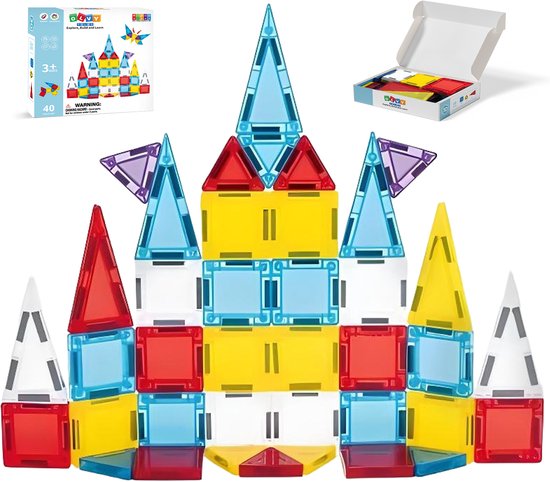 Magnetic Tiles - Travel Set - Reisset - Micro Tegels - Magnetisch Speelgoed - Educatief - Montessori - 40 Stuks - Bouwstenen - Bouwblokken - Voor 3, 4, 5, 6, 7, 8, 9 Jaar - Bouw je Magna Wereld - Kinderen - Olvy