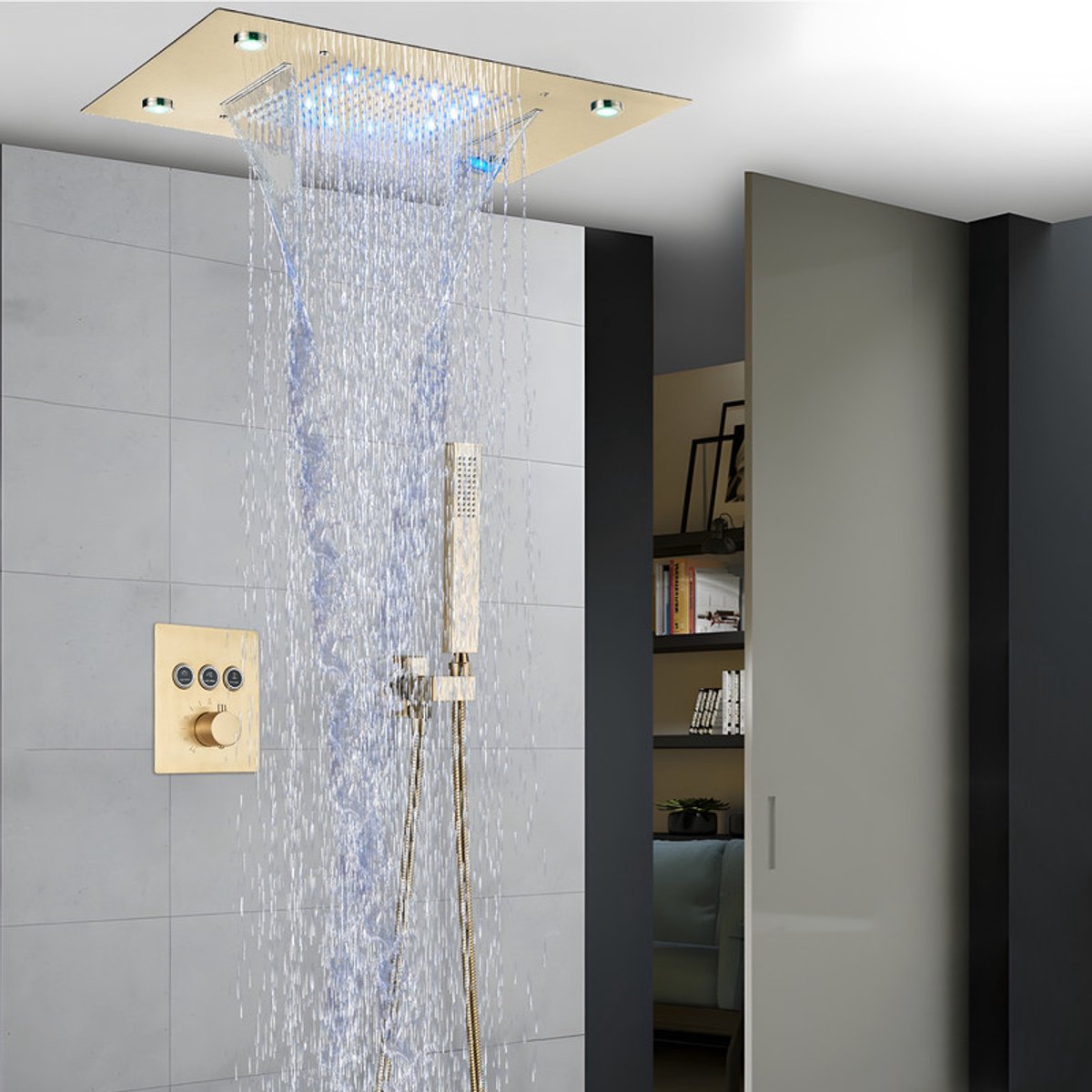 Inbouwdouchecolumn 49 x 35 cm, Vierkante Douchecompleet Thermostatische Douchecolumn met Afstandsbediening (Geborsteld Goud)