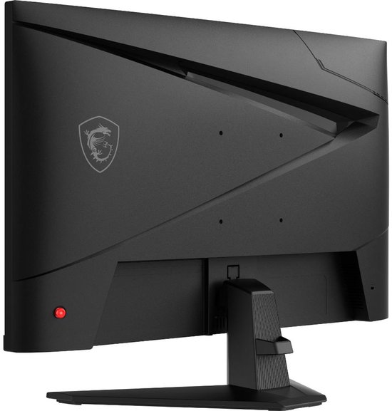 Zwarte MSI gaming monitor achterkant met drakenlogo en rode knop.