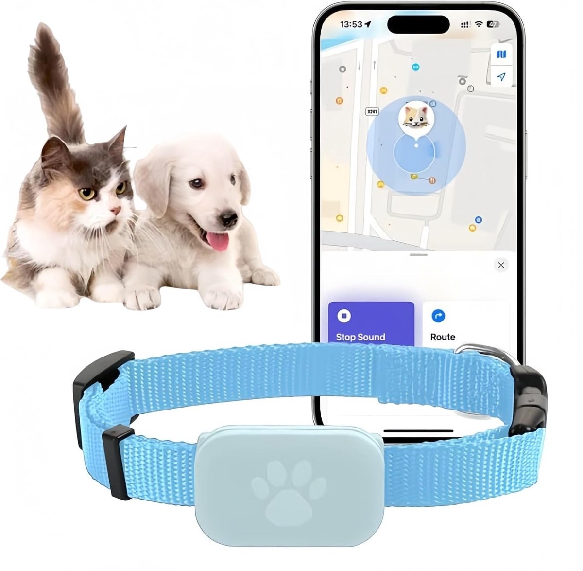 Tracker- Halsband- GPS Hondenhalsband- Kattenhalsband-Zonder Maandelijkse Kosten - Werkt Met iOS/Android - IP67 Waterdicht- Geschikt Voor Katten en Puppies- Knoopbatterij- Geschikt voor kaarten van Nederland en België - Langdurig- Blauw