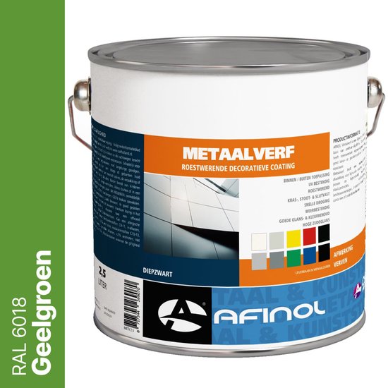 Blik metaalverf Geelgroen (RAL 6018) met een decoratieve coating. Met 9 kleurvakjes.