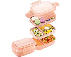 Lunchbox-lunchbox kinderen-lunchbox volwassenen-stapelbare Bento Lunchbox - 3-laags stapelbare Bento Lunchbox - Volwassenen en kinderen, Ingebouwde bestekset, Lekvrije Bento Lunchbox - Perfect om uit eten te gaan, op het werk - lichtroze
