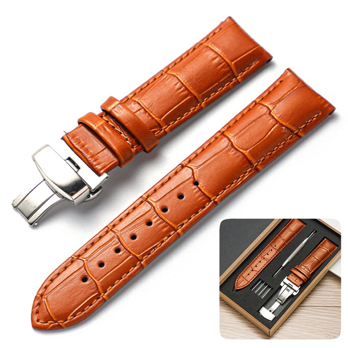 Qelus Universeel Horlogebandje Vintage - Echt Leer en Vlinder Sluiting (Makkelijk te Verwisselen) - Geschikt voor Smartwatches Horloges - Verpakt in Cadeaudoos - Lichtbruin - 18mm