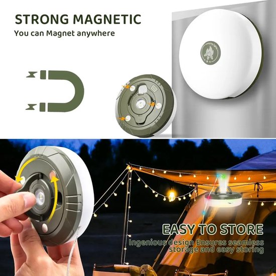 Camping lamp - Camping Lichtsnoer 10 Meter - Ambience Strip - Oprolbaar - Oplaadbaar - Warm-Wit - Tentlamp Verlichting - Waterproof IP44 - Led-campinglamp oplaadbaar met USB C - Draagbaar - Camplamp - voor Camping, Tuin en Wandelen - 1 Stuk — afbeelding 2