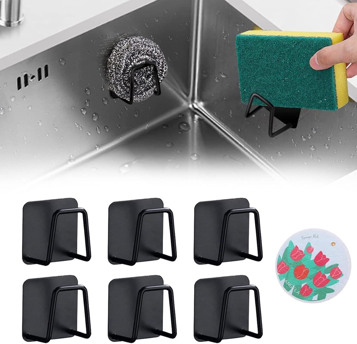 6 Stuks Keuken Spons Houder - Suction Cup Spons Houder - Adhesieve Spons Houder - Metalen Spons Houder - Afwas Sponsen voor Keuken - Zwart