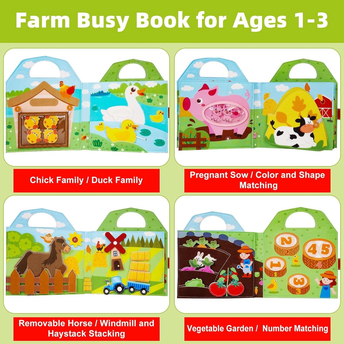 Busy Board Boek - Montessori Speelgoed 1-3 jaar - Activiteitenboek Boerderij - Sensorisch Speelgoed 2 jaar Jongens en Meisjes - Peuterspeelgoed voor Onderweg — afbeelding 2