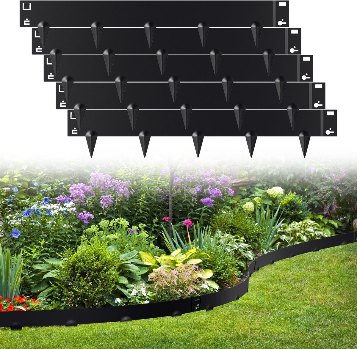 Borderrand 15 x 100 cm Flexibel | 5 Stuks | met tips Metalen verzinkt Kantopsluiting | Tuinafboording zwart