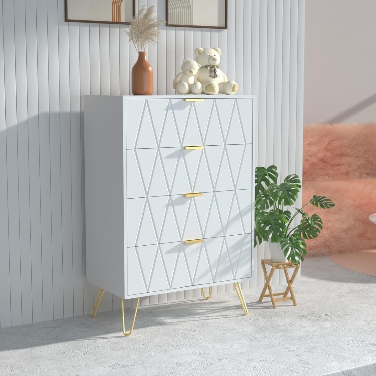 UEV 4-ladenkast, houten opbergkast, eenvoudige en elegante stijl, gouden handgreep en poten, 60 x 34 x 91 cm, dressoir voor slaapkamer, woonkamer, kantoor, Wit