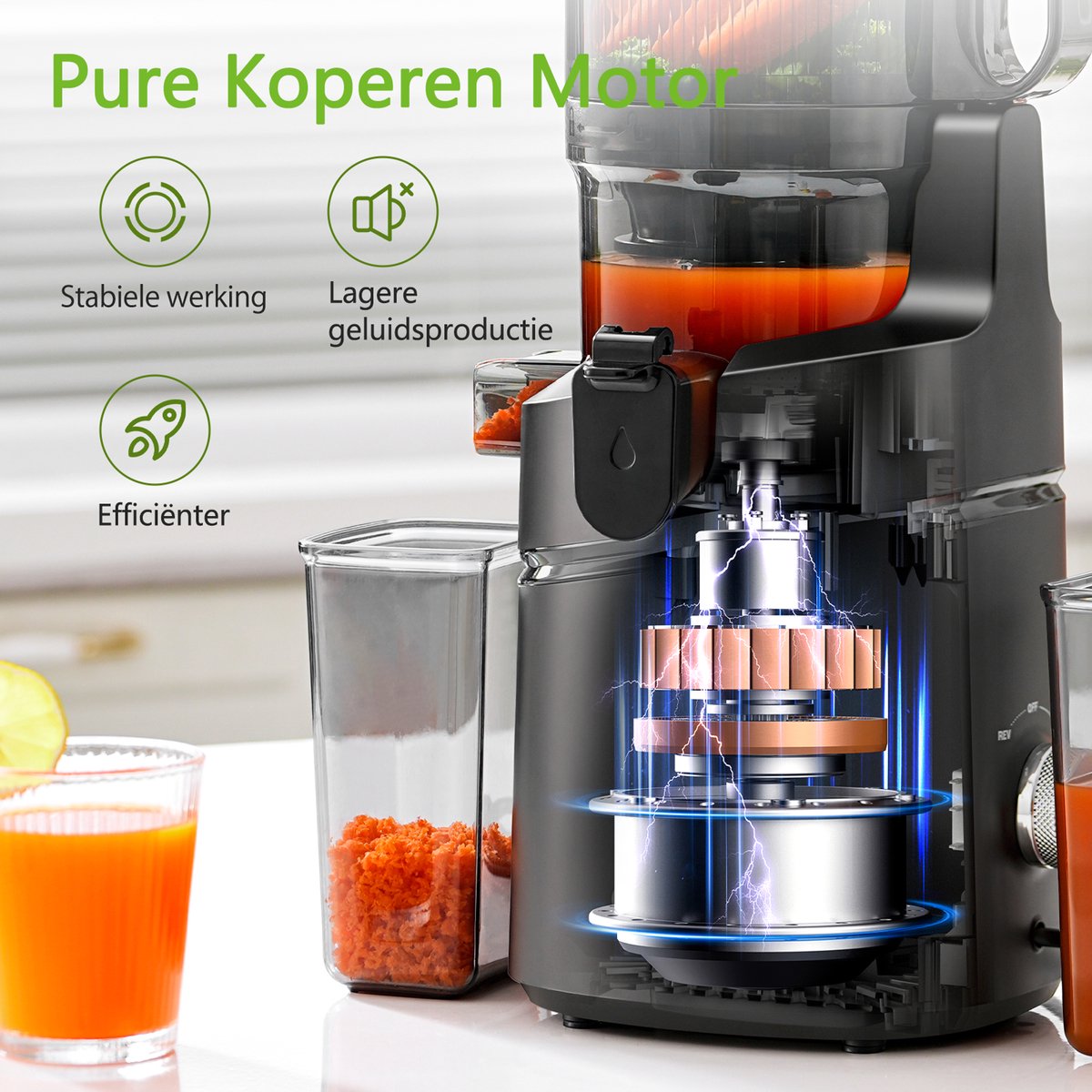 AMZCHEF Slowjuicer - 135MM Extra Grote Vulopening - Zwart thumbnail 2