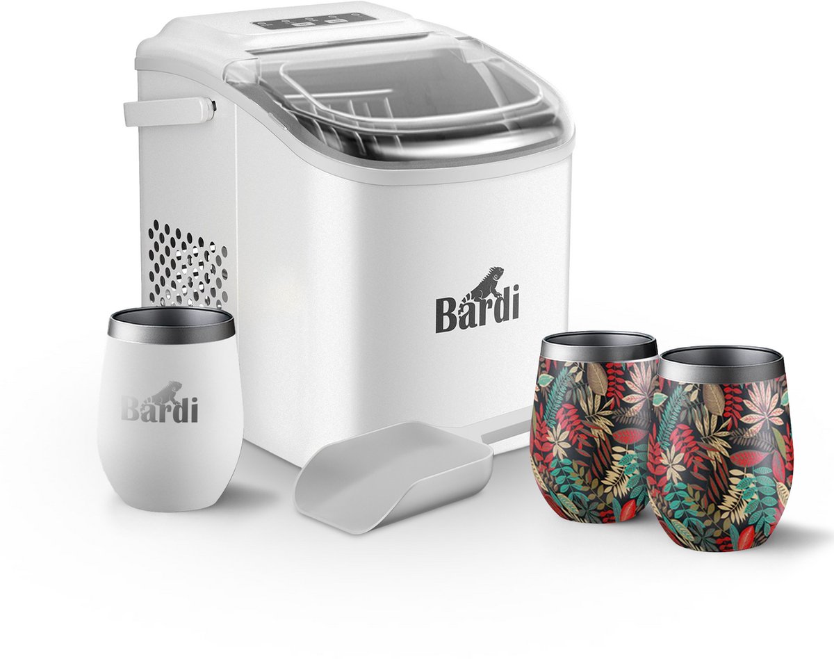 Bardi Deluxe IJsblokjesmachine Set 1,2 Liter Wit - 12KG IJsblokjes in 24 uur - met IJsschep - Inclusief 3 Luxe Thermosbekers en Ijsschep - Jungle