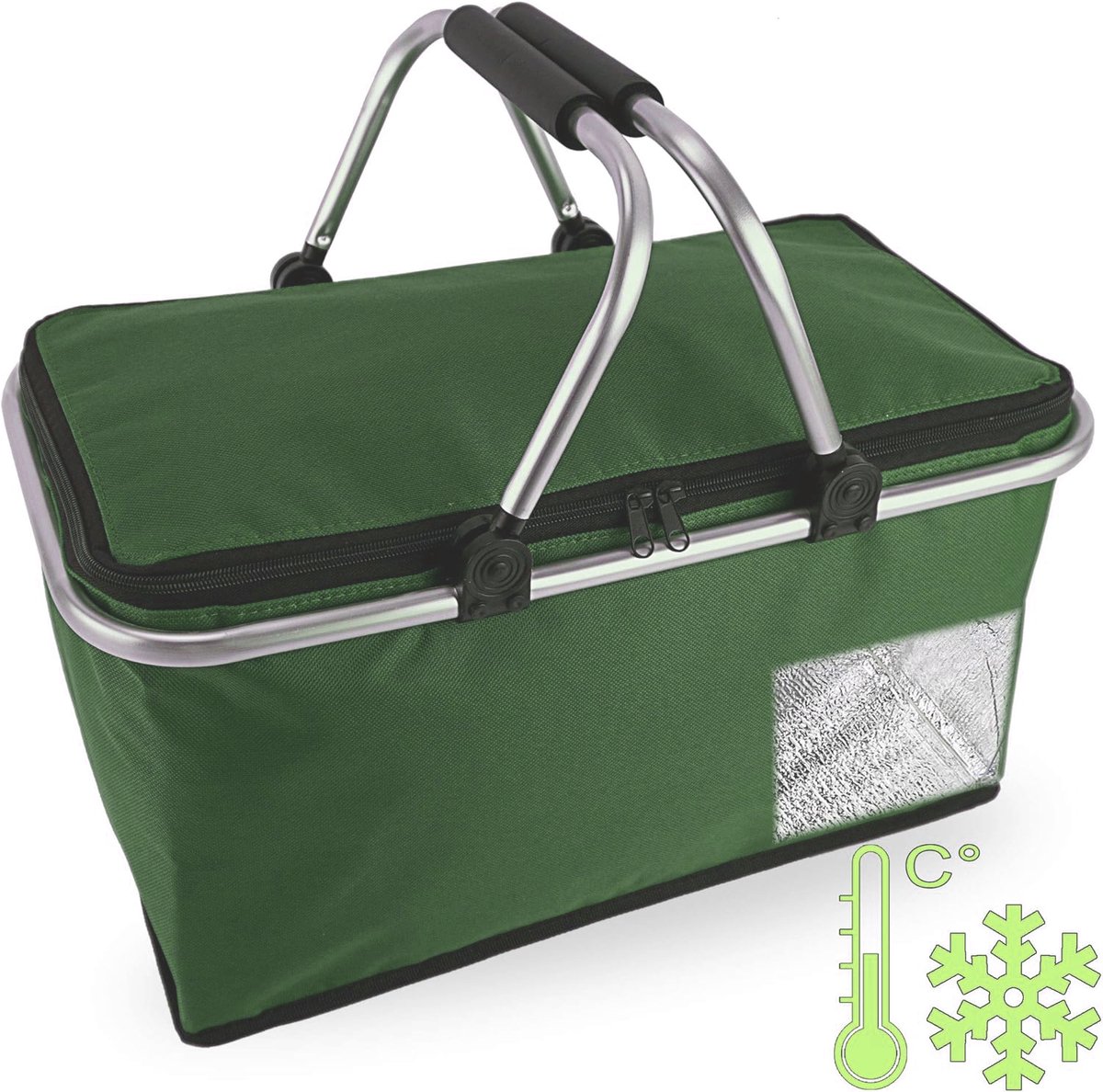 Thermische Opvouwbare Picknickmand – Isolerende Voering – Aluminium Frame – Lichtgewicht en Waterdicht – Voor Picknick, Strand & Boodschappen – Donkergroen