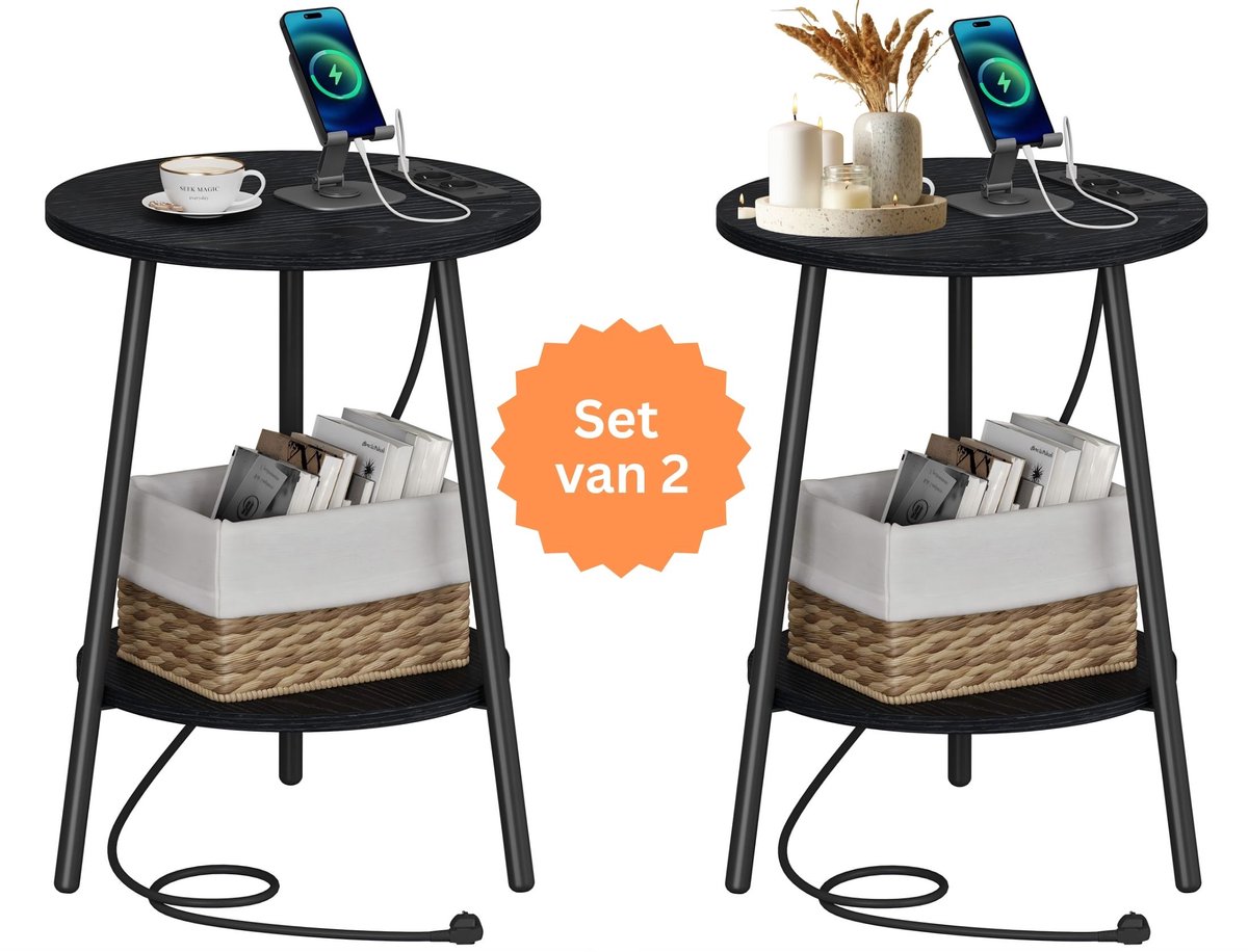Signature Home Fiji Nachtkastje Set van 2 - Bijzettafel Rond met laadstation - ronde salontafel met 2 niveaus - banktafel - Zwart - 40D x 40B x 50H cm