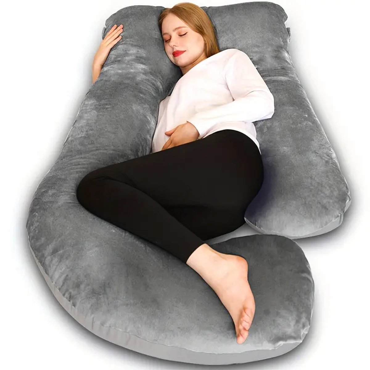 Image of 60 Inch J-Vorm Zwangerschapskussen – Volledig Lichaamskussen voor Comfortabel Slapen – Inclusief Afneembare & Wasbare Fluwelen Hoes