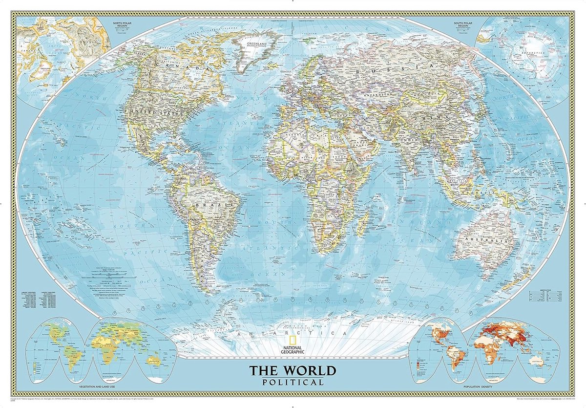 National Geographic Wereldkaart poster - met werelddelen, steden en rivieren - 122 x 176 cm