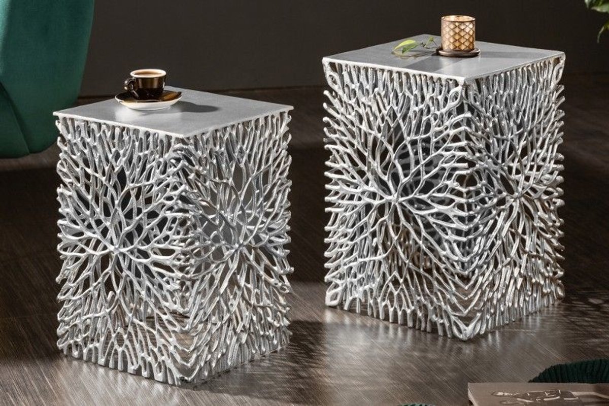 Invicta Interior Filigraan bijzettafel set van 2 ABSTRACT LEAF 45cm zilver handgemaakt - 40612 Zie omschrijving