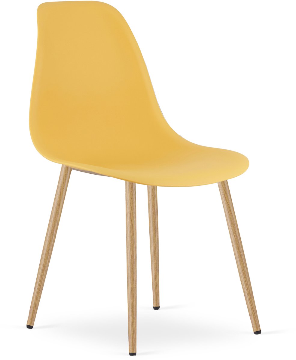 Stoel WAT – Mosterdgeel, Houtlook Metalen Poten, Kunststof Zitting – Modern en Ergonomisch – Geschikt voor Eetkamer, Woonkamer, Keuken, Thuiswerkplek, Kantine en Wachtruimte – Eenvoudige Montage