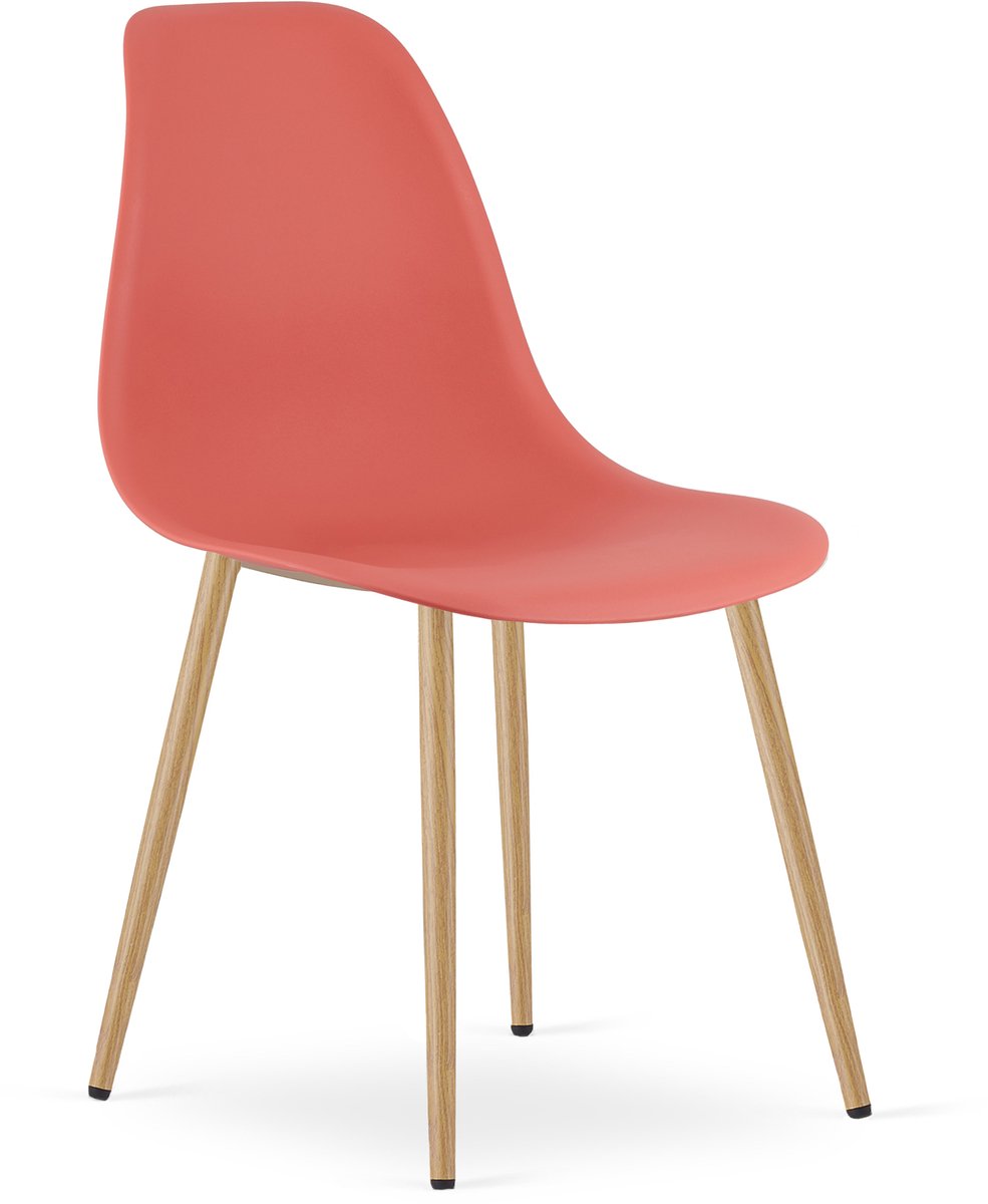 Stoel WAT – Koraalrood, Houtlook Metalen Poten, Kunststof Zitting – Modern en Ergonomisch – Geschikt voor Eetkamer, Woonkamer, Keuken, Thuiswerkplek, Kantine en Wachtruimte – Eenvoudige Montage