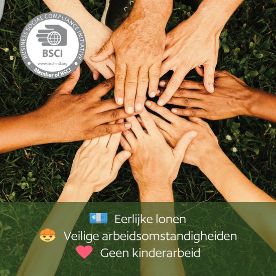 Mains de différentes personnes jointes sur de l'herbe verte, avec le logo BSCI.