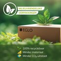 Emballages écologiques avec logo EGLO et texte : 100% recyclable, moins de matériaux, moins d'émissions de CO2.