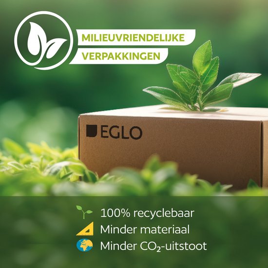 Emballages écologiques avec logo EGLO et texte : 100% recyclable, moins de matériaux, moins d'émissions de CO2.