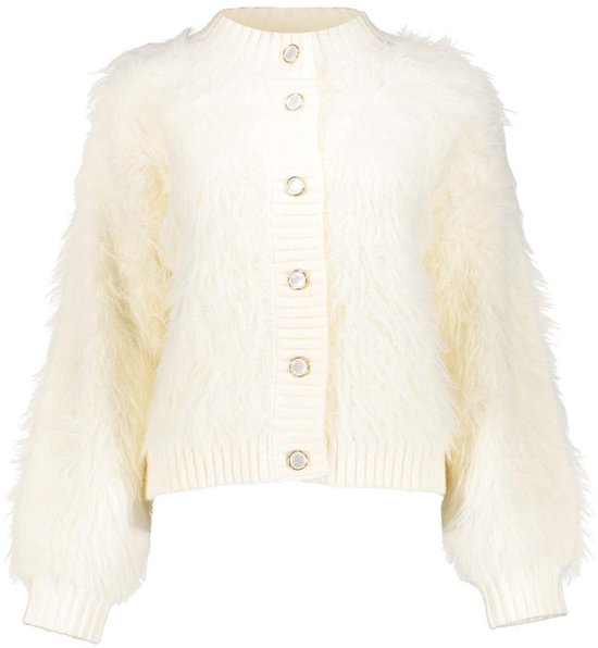 Off-white, harig vest met ronde hals en knoopsluiting op een witte achtergrond.