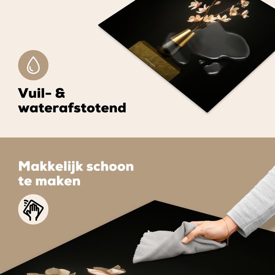 Illustratie van een druppel en de tekst 'Vuil- & waterafstotend' en 'Makkelijk schoon te maken'.