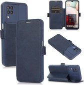 Duwvenster dubbele gesp PU + siliconen horizontale flip lederen tas met houder en kaartsleuf voor Samsung Galaxy A12 (blauw)