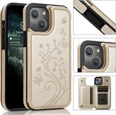 Vlinders Bloemen Dubbele gesp PU + TPU-beschermhoes met houder & kaartsleuven & fotolijst voor iPhone 13 Pro Max (goud)