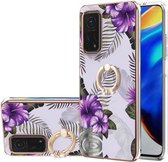 Voor Geschikt voor Xiaomi Mi 10T 5G/10T Pro 5G Galvaniseren Patroon IMD TPU Shockproof Case met Strass Ring Houder (Paarse Bloem)