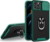 Sliding Camera Cover Design TPU + PC Magnetische schokbestendige hoes met ringhouder voor iPhone 12 Pro (diepgroen)