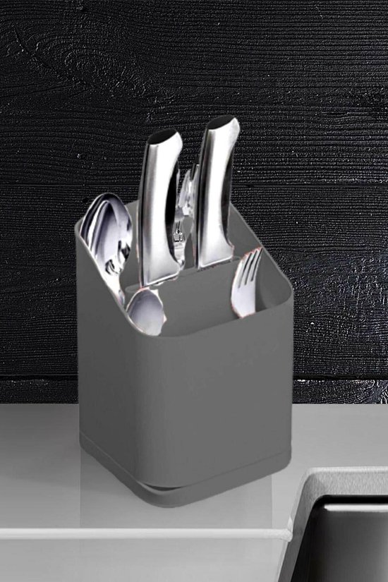 Porte-couverts gris avec couverts en acier inoxydable à l'intérieur.