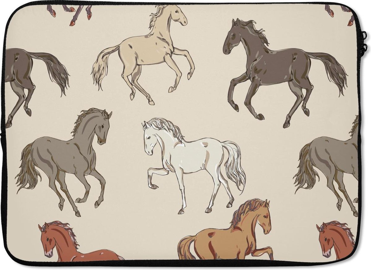 Laptophoes 14 inch - Paarden - Roze - Grijs - Meisjes - Kinderen - Meiden - Laptop sleeve - Binnenmaat 33x23 cm - Zwarte achterkant