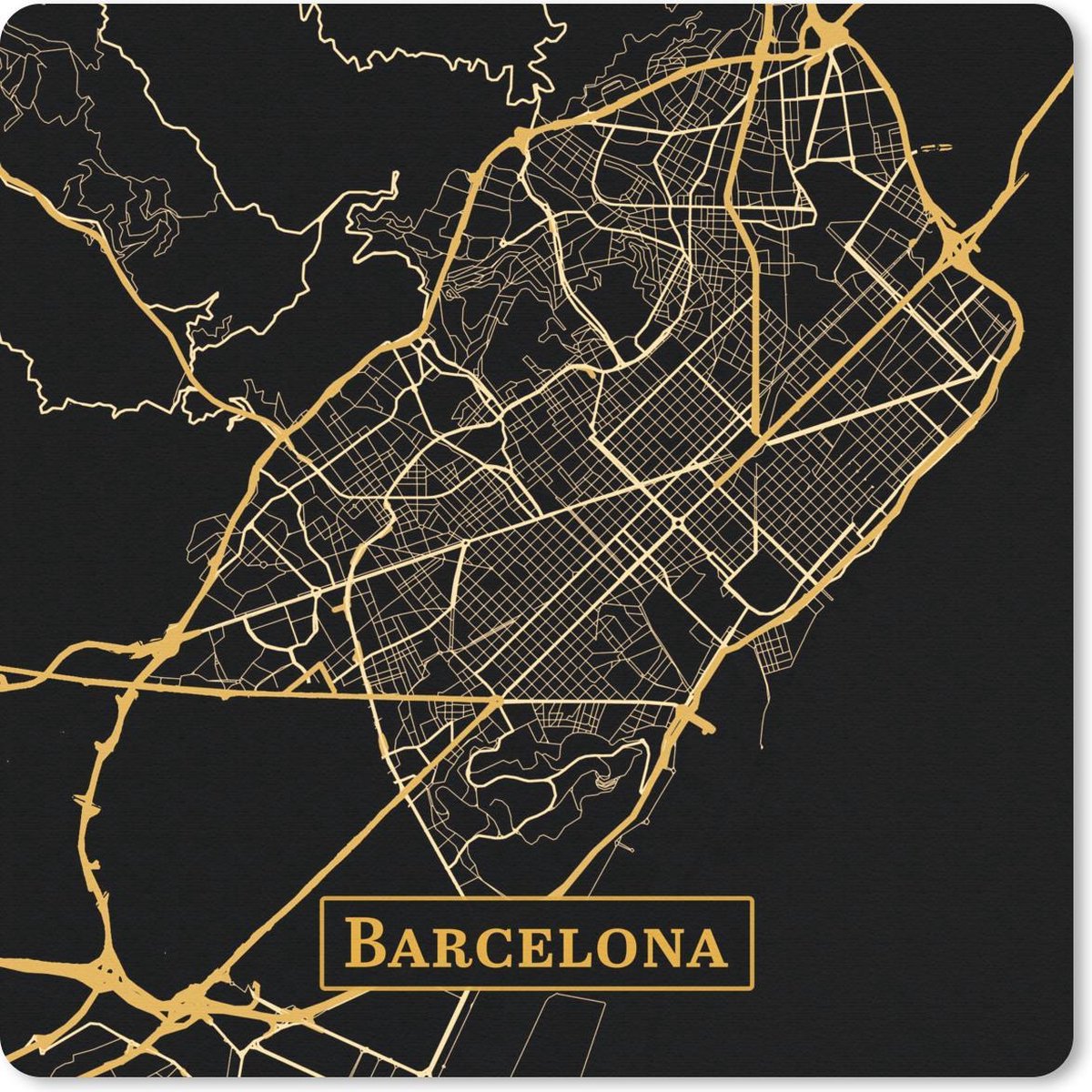 Muismat 30x30 cm - Mousepad Kaart - Barcelona - Zwart - Goud - Muismatten