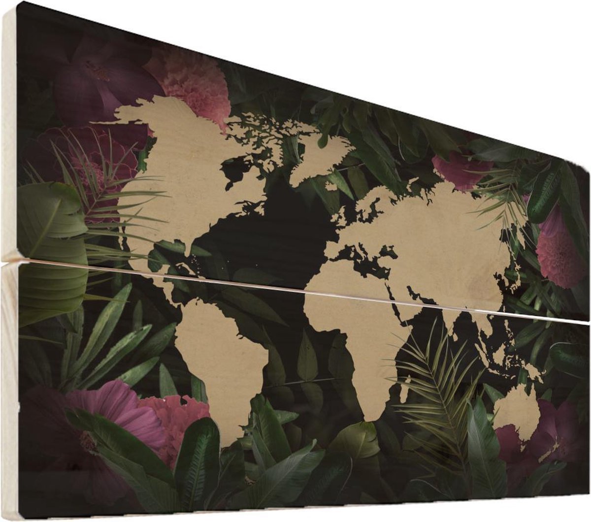 Afbeelding van product MuchoWow  Wanddecoratie hout - Wereldkaart - Bloemen - Bladeren - 60x40 cm