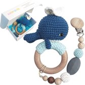 kraamcadeau jongen - Baby Gift Birth Girl Boy Teething Ring Wooden Toy with Dummy Chain Crochet Grasping Toy Gifts Wooden Toy Rattle Baby Handmade Whale (WK 02129)