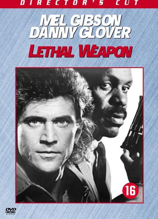 Lethal Weapon Director's Cut DVD, met Mel Gibson en Danny Glover. Danny Glover houdt een pistool vast. Leeftijdsindicatie 16.