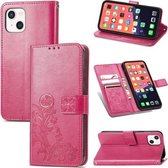Voor iPhone 13 mini Klavertje vier Sluiting Reliëf Gesp Mobiele Telefoon Bescherming Lederen Case met Lanyard & Card Slot & Portemonnee & Beugel Functie (Magenta)