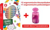 STABILO EASYcolors ergonomische kleurpotloden etui 12 stuks + 1 ergonomische potloodslijper (roze) beide geschikt voor rechtshandigen