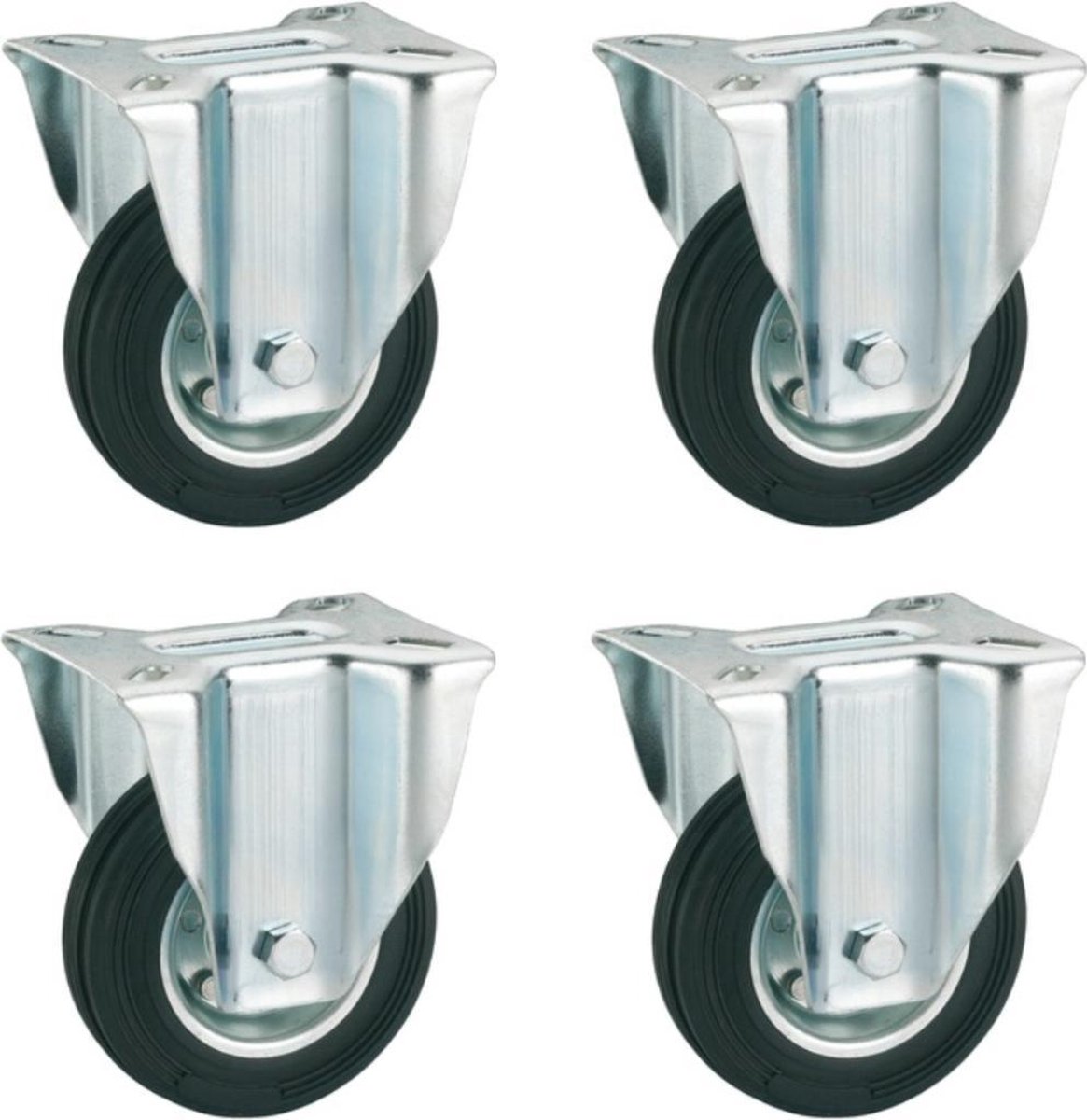 4 Rubberen Bokwielen - 4 Bokwielen met plaatbevestiging - Ø 75 mm - Zwenkwiel Rubber