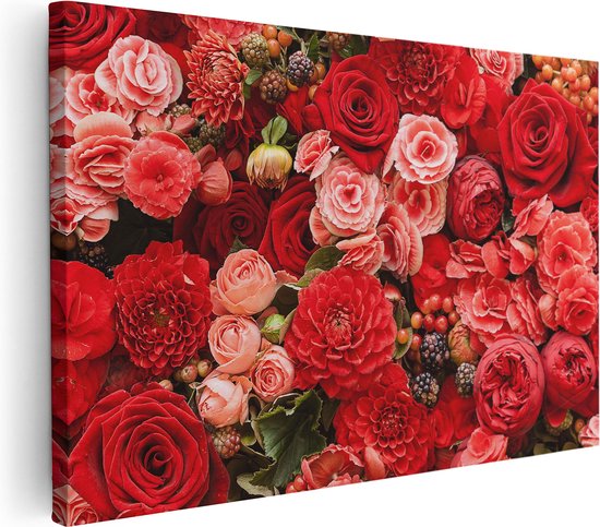Artaza Canvas Schilderij Rode En Roze Bloemen Met Fruit - Abstract - 120x80 - Groot - Foto Op Canvas - Wanddecoratie Woonkamer