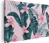 Artaza - Peinture sur toile - Fleurs d'été roses tropicales avec feuilles - 90x60 - Tableau sur toile - Impression sur toile