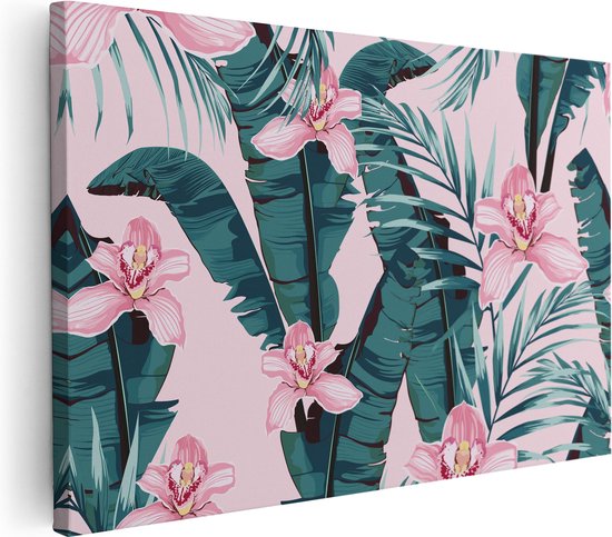 Artaza Canvas Schilderij Tropische Roze Zomer Bloemen Met Bladeren - 90x60 - Foto Op Canvas - Canvas Print - Muurdecoratie