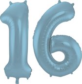 Folieballon Cijfer 16 Blauw Pastel Metallic Mat - 86 cm