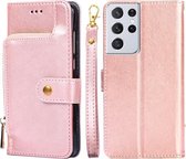 Voor Samsung Galaxy S21 FE Rits Tas PU + TPU Horizontale Flip Lederen Case met Houder & Kaartsleuf & Portemonnee & Lanyard (Rose Goud)
