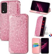 Voor T-Mobile REVVL V + 5G Bloeiende Mandala Reliëfpatroon Magnetische Horizontale Flip Lederen Case met Houder & Kaartsleuven & Portemonnee (Roze)