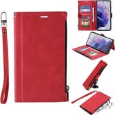 Voor Samsung Galaxy S21 FE 5G Zijrits Terug Kaart Horizontale Flip PU Lederen Case met Kaartsleuven & Portemonnee & Fotolijst & Lanyard (Rood)