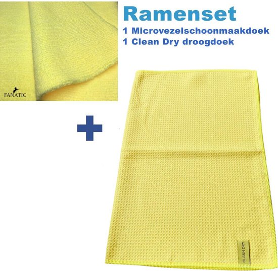 Een set bestaande uit een gele microvezel schoonmaakdoek en een gele droogdoek, beide met wafelpatroon.